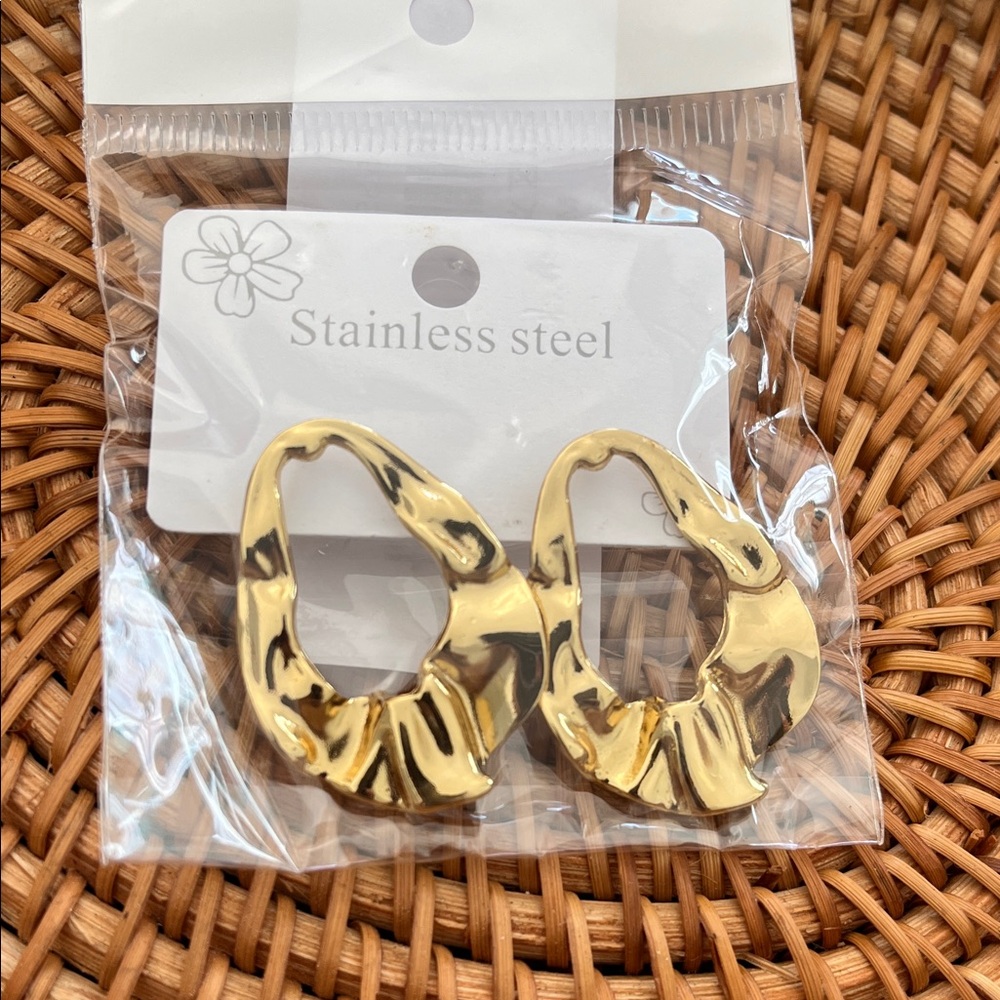 Gold Textured Stainless Steel Hoop Earrings